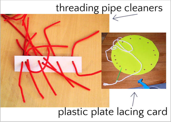 Two types of diy lacing activities. Pipe cleaners and hold punch paper alongside lacing card made from plastic plate
