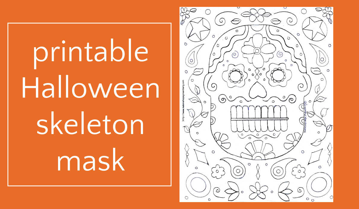 Halloween skeleton mask coloring page printable before color added