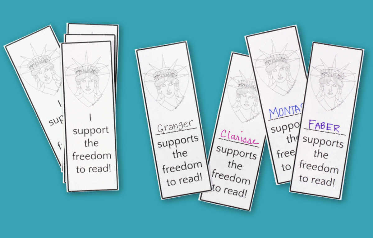 Coloring page bookmarks about supporting the freedom to read