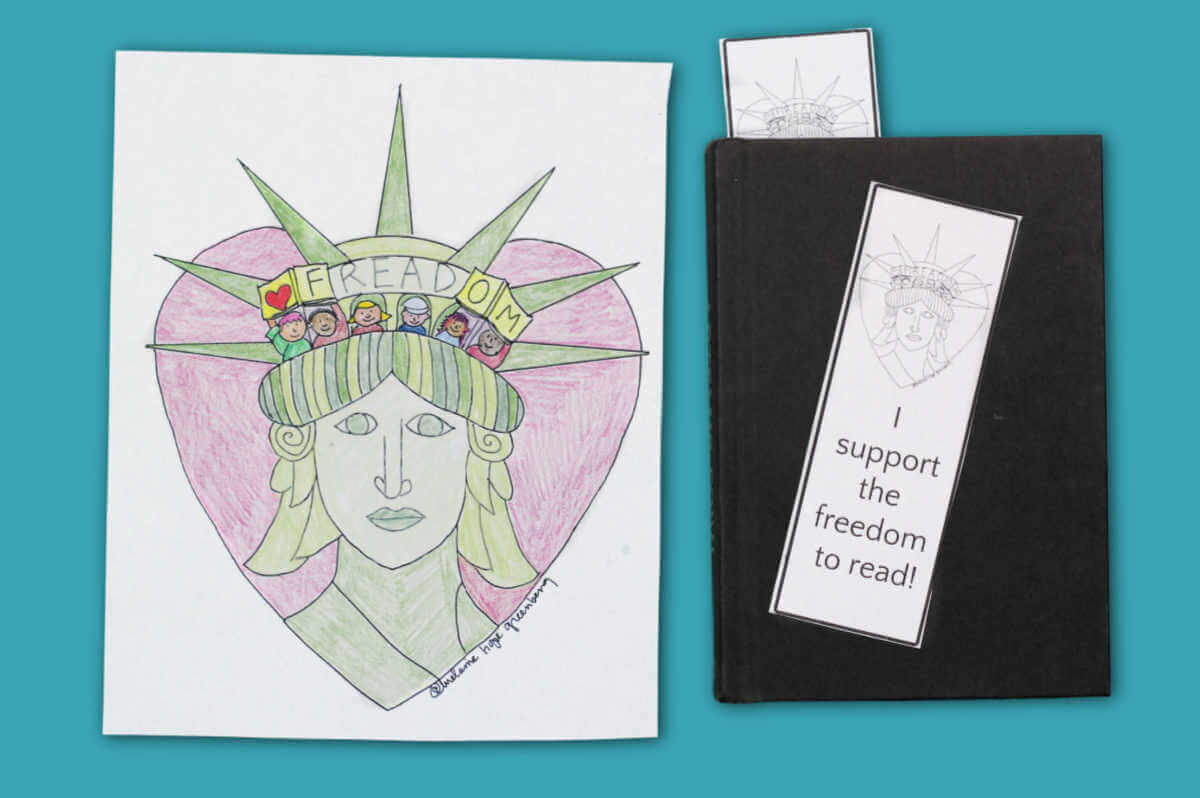 Coloring page about supporting the freedom to read next to a book with bookmark
