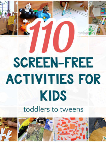 Collage of screen-free activities for kids