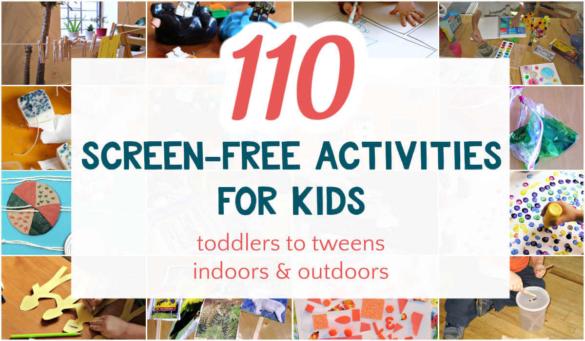 Collage of screen-free activities for kids