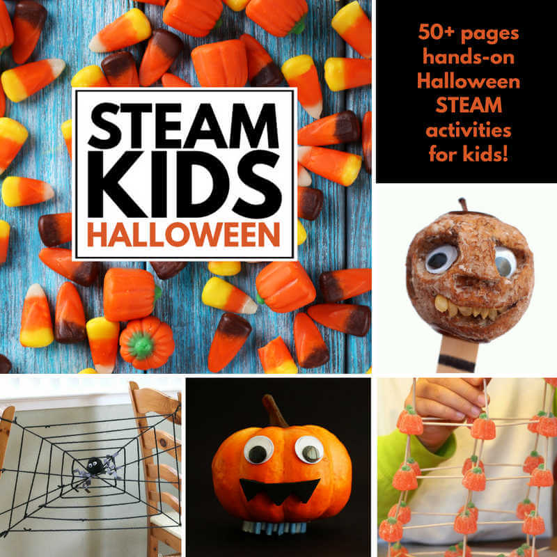 Collage of STEAM Kids Halloween projects and book cover