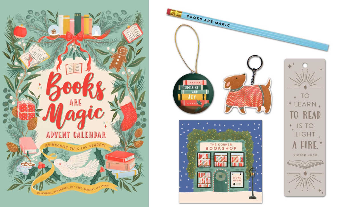 Books are Magic advent calendar and an array of trinkets that might be found in the calendar.
