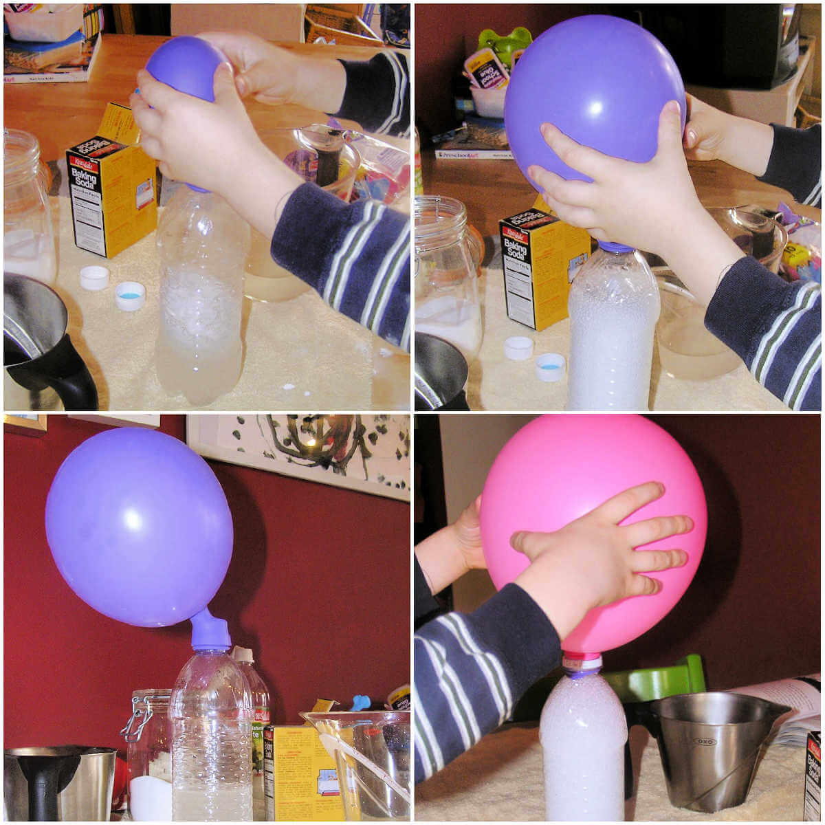 Collage of balloon experiment. Child placing purple balloon on vinegar filled bottle, child holding purple balloon as it inflates, inflated purple balloon on bottle, child holding inflated pink balloon