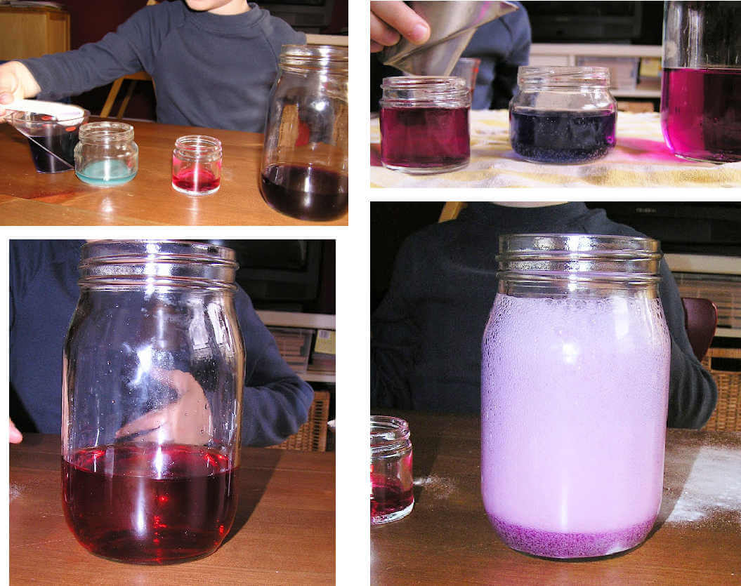 Collage of 4 photos of child performing cabbage juice science experiment with jars of purple, blue and pink liquids with one jar fizzing
