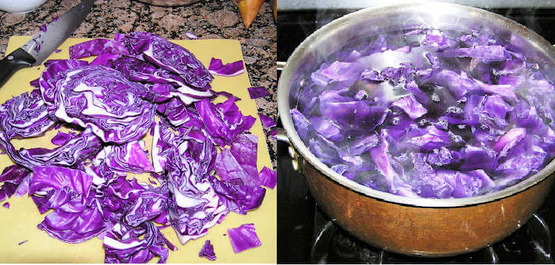 Side by side images of chopped red cabbage and cabbage and water in pot on stove