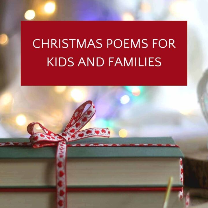 Books tied with red ribbon and Christmas lights in background with text overlay Christmas Poems for Kids and Families
