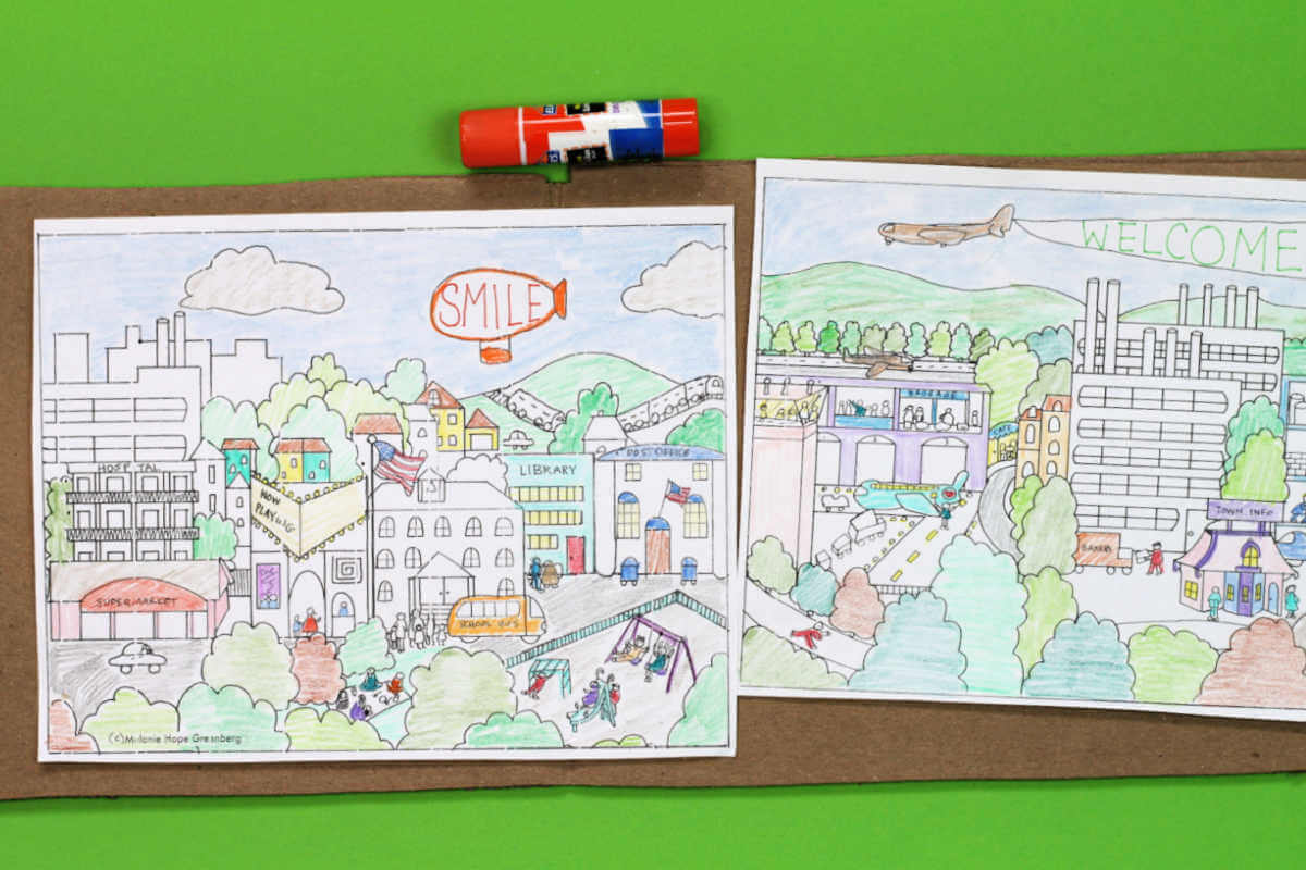 Finshed city coloring pages, glue stick and cardboard