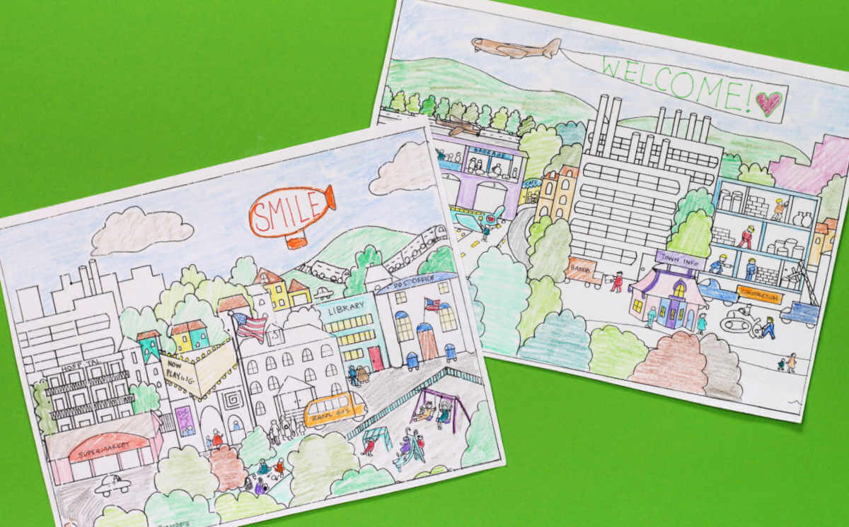 Two finished city coloring pages on green background