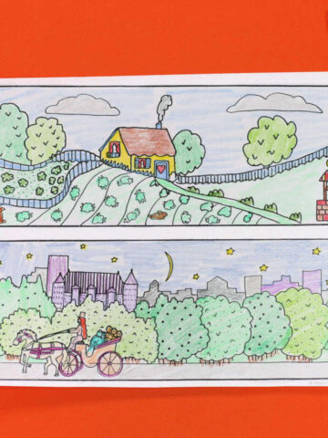 Finished city and country coloring page with colored pencils on orange background