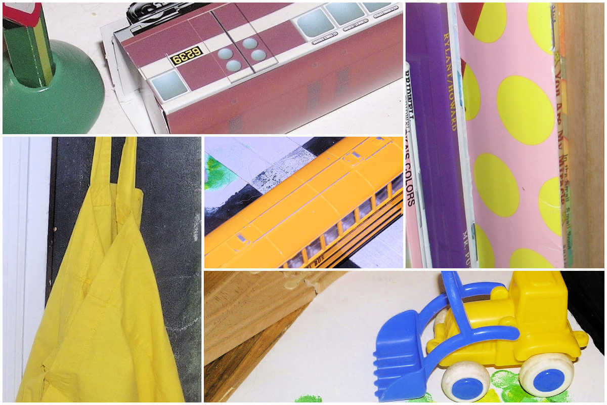 Collage of yellow items: numbers on toy train, polka dots on book, yellow bag hanging on door, toy school bus, toy digger