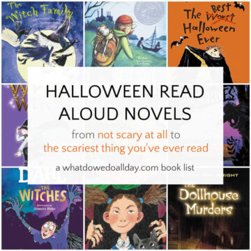 Collage of Halloween novels for kids with text overlay, Halloween Read Aloud Novels