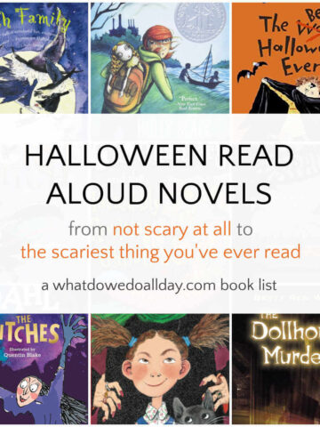 Collage of Halloween novels for kids with text overlay, Halloween Read Aloud Novels