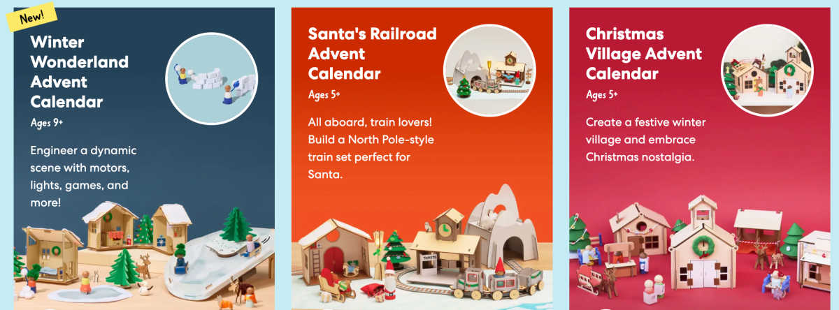 Three images of completed advent calendar village scenes