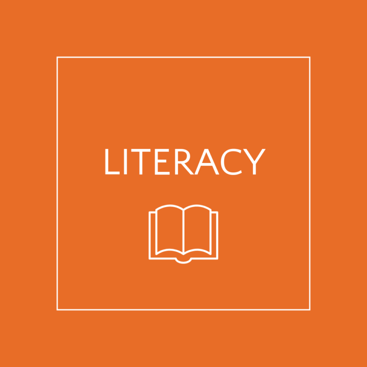 orange square literacy with book graphic