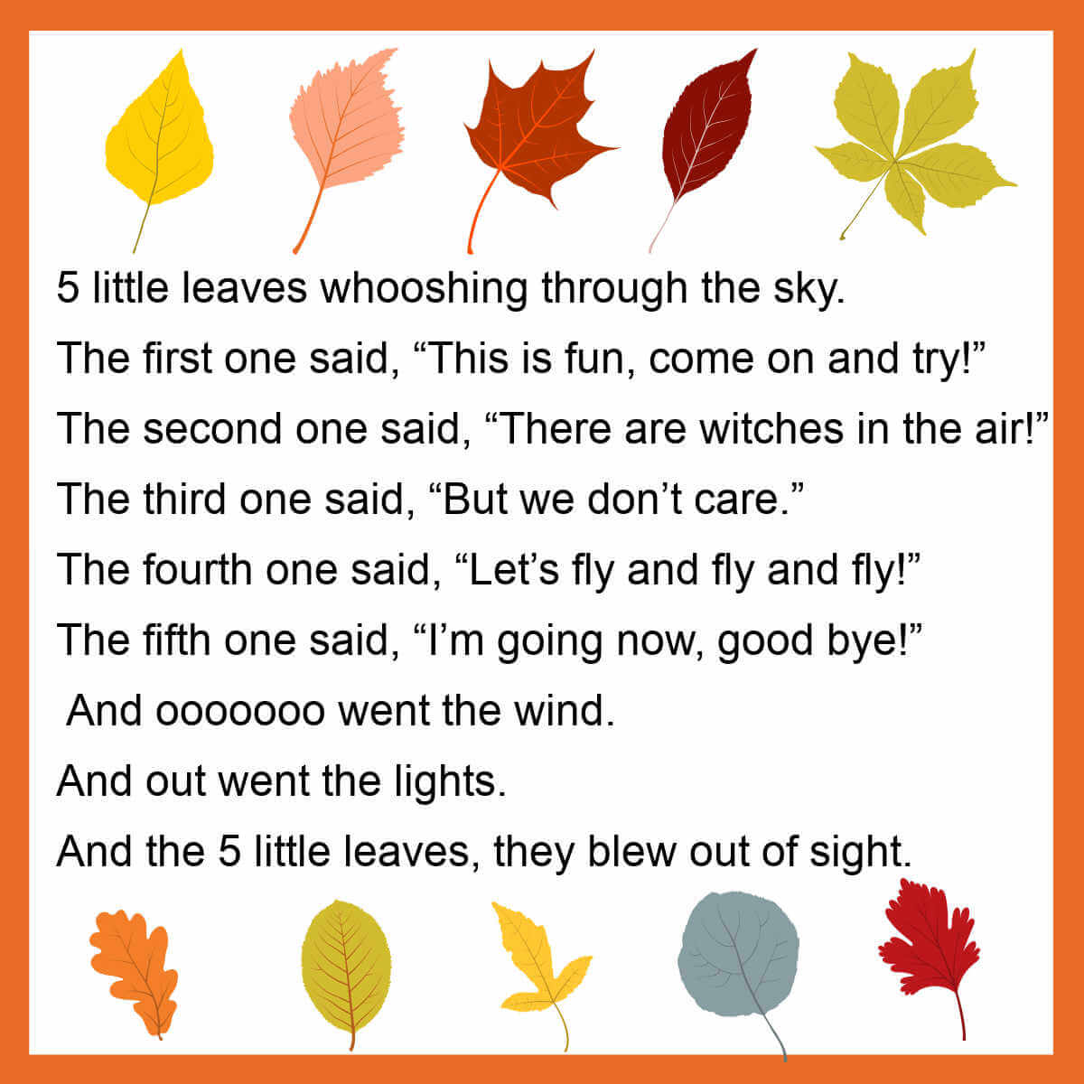 Text for five little leaves rhyme with graphics of fall leaves