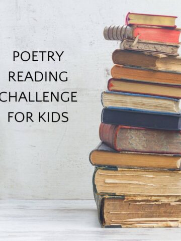 Stack of vintage books with text poetry reading challenge for kids