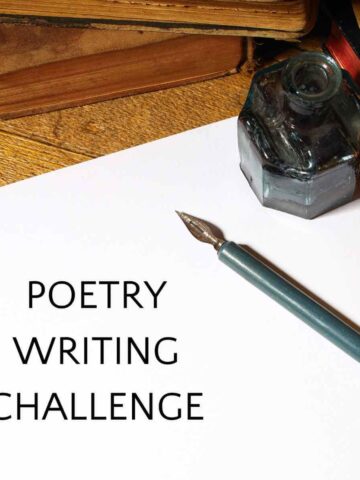 fountain pen, paper and ink jar with text with text poetry writing challenge