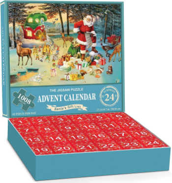 Open jigsaw puzzle advent calendar featuring image of Santa in a snowy woods surrounded by presents and elves