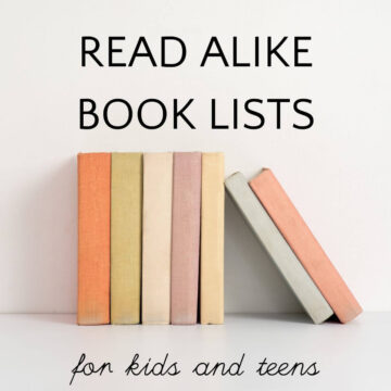 Row of pastel colored books on shelf with text overlay "Read Alike Book Lists for kids and teens"