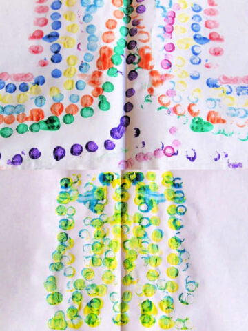 Two examples of child made symmetry art using lines of colored dots