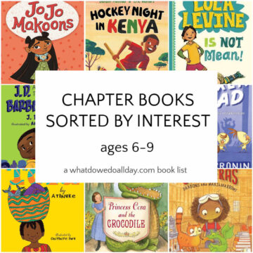 Collage of early chapter book with text overlay, Chapter books sorted by interest ages 6-9.