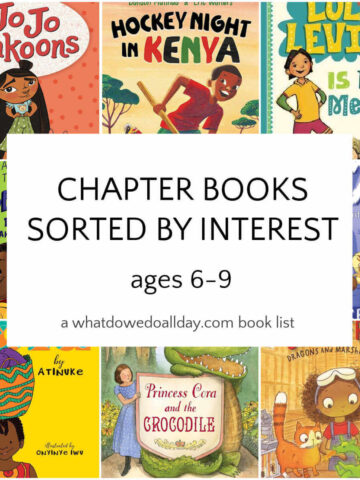 Collage of early chapter book with text overlay, Chapter books sorted by interest ages 6-9.