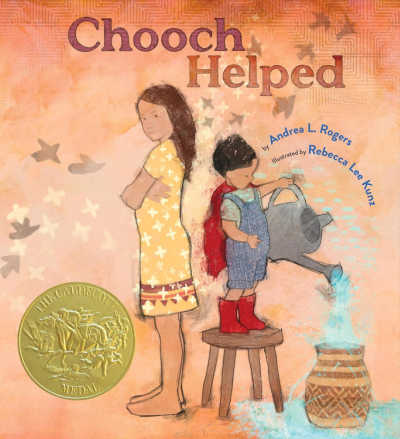 Chooch Helped book cover with illustration of big sister standing with her back to her little brother who is pouring water into a bucket.