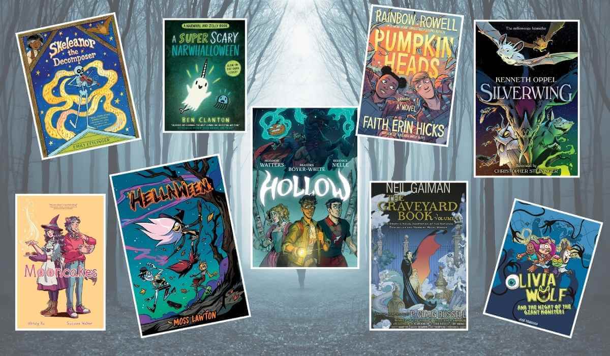 Collage of Halloween graphic novels on spooky forest background