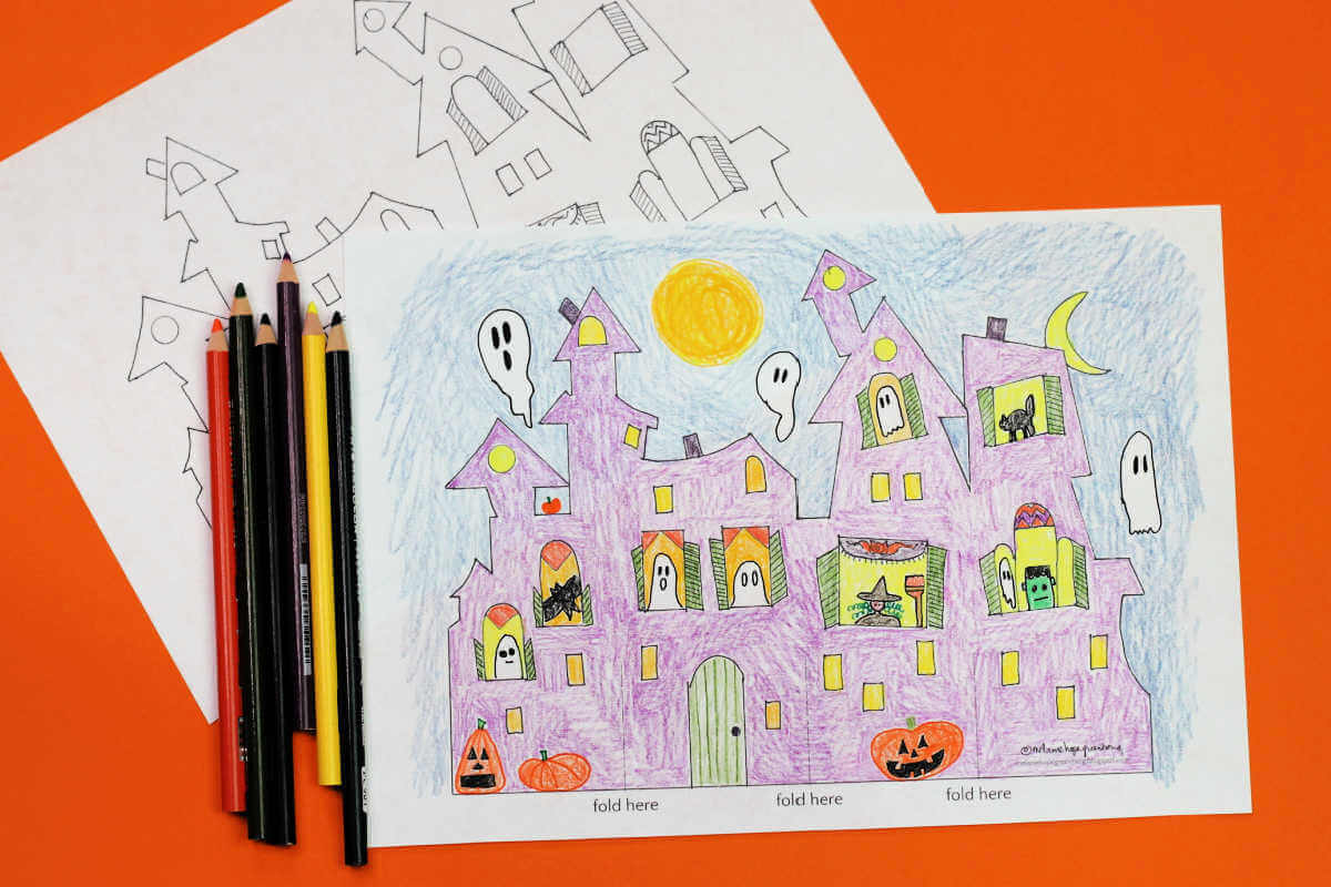 Blank haunted house template, colored pencils and colored in haunted house coloring page