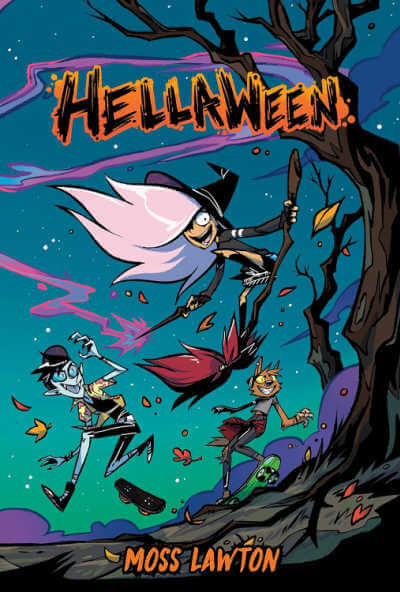 Hellaween book cover featuring illustration of pink haired witch and vampire friends at night with spooky forest background.