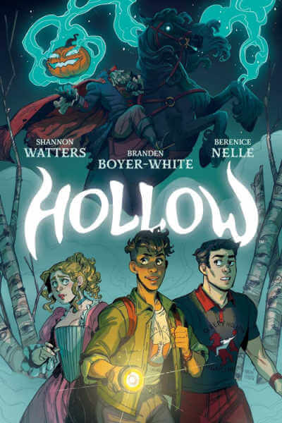 Hollow book cover with three teens on spooky background.