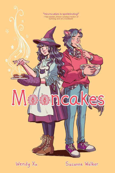 Mooncakes graphic novel cover with teenage witch standing back to back with teen werewolf.