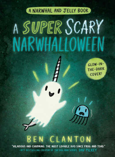 A Super Scary Narwhalloween graphic novel cover with happy narwhal ghost and scared blue jellyfish.
