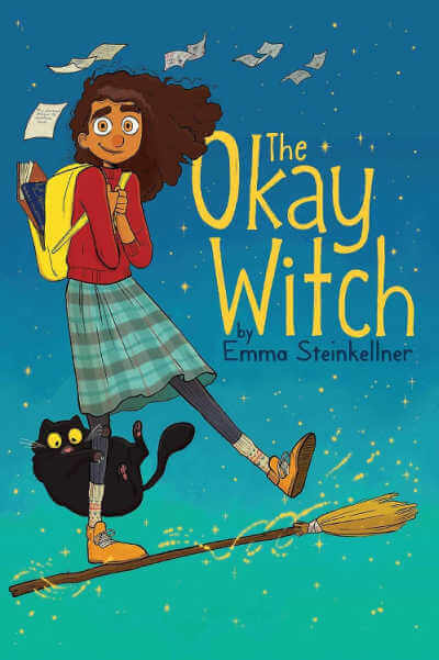 The Okay Witch graphic novel book cover showing young girl and cat standing on flying broomstick.