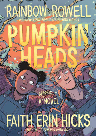 Pumpkinheads book cover with Black teen girl and white teen boy looking up near a pumpkin patch.