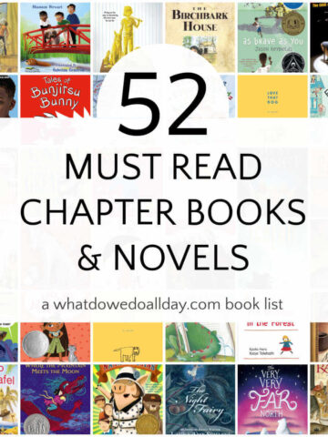 Collage of children's chapter books and novels with text, 52 must read chapter books & novels.