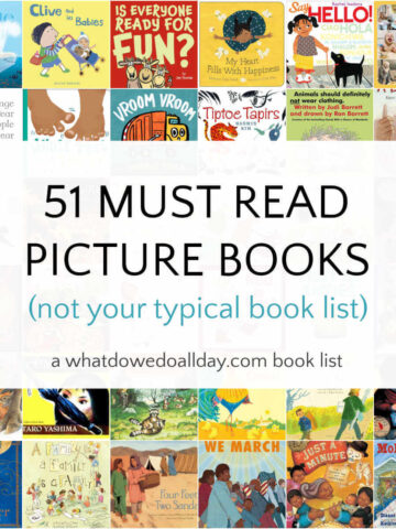 Collage of picture books with text, 50 must read picture books.