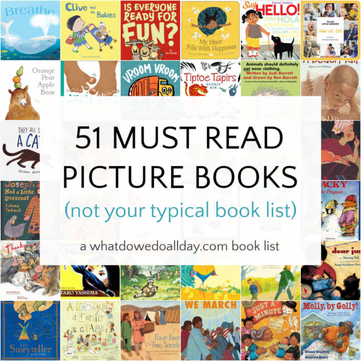 Collage of picture books with text, 50 must read picture books.