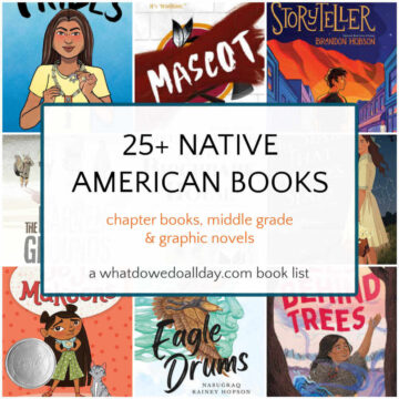 Collage of book covers with text overlay, 25+ Native American Books.