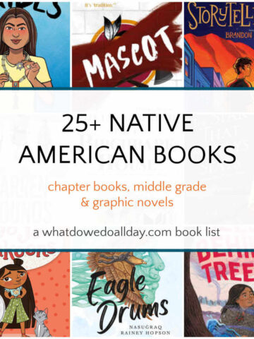 Collage of book covers with text overlay, 25+ Native American Books.