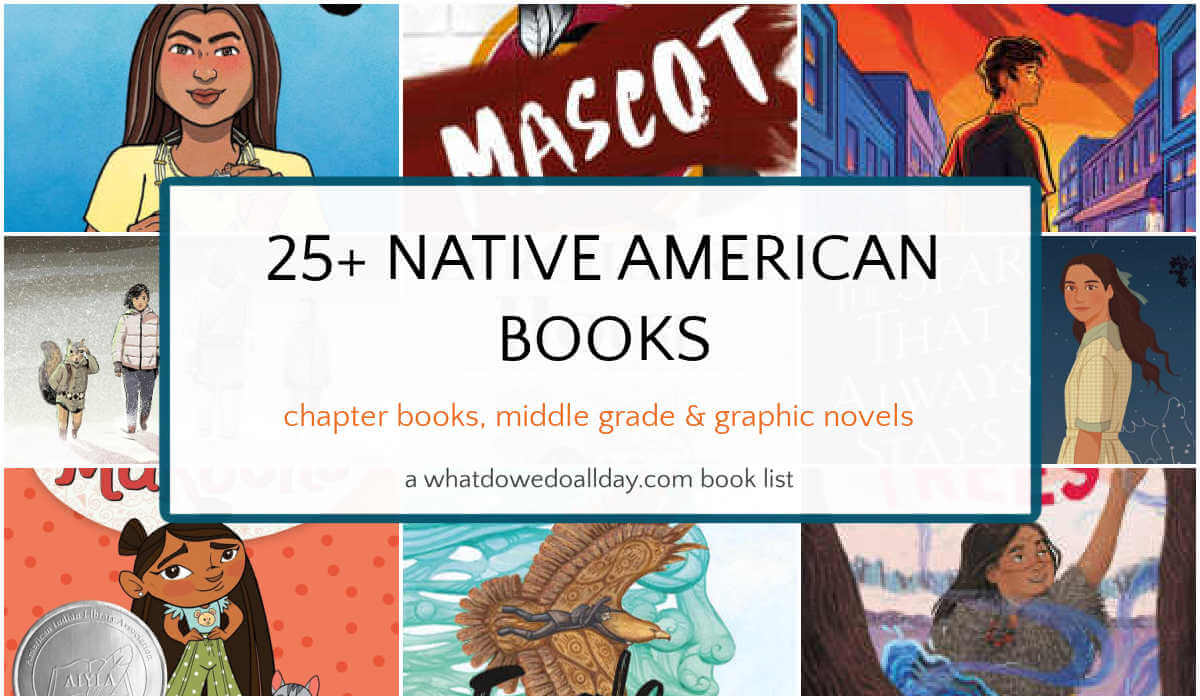 Collage of book covers with text overlay, 25+ Native American Books.