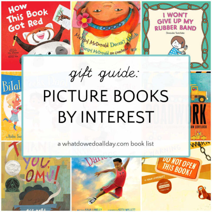 Collage of picture books with text overlay, gift guide picture books by interest.