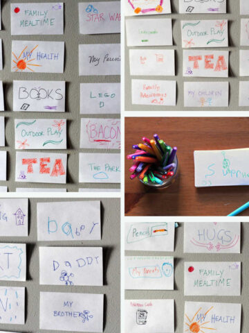 Collage of wall areas covered with handwritten index cards plus image of jar of markers and stack of cards.