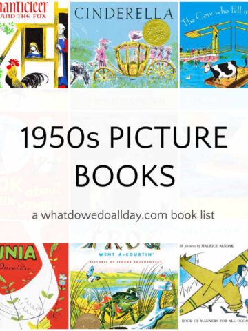 Collage of children's books with text overlay, 1950s Picture Books