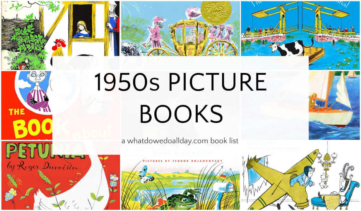 Collage of children's books with text overlay, 1950s Picture Books