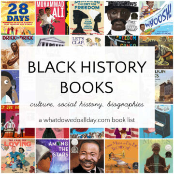 Collage of children's books with text overlay, Black History Books.
