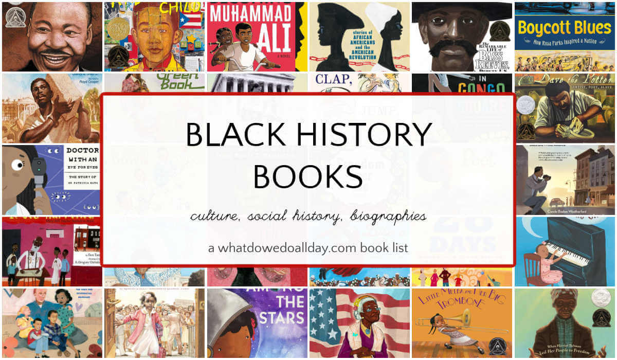 Collage of children's books with text overlay, Black History Books.
