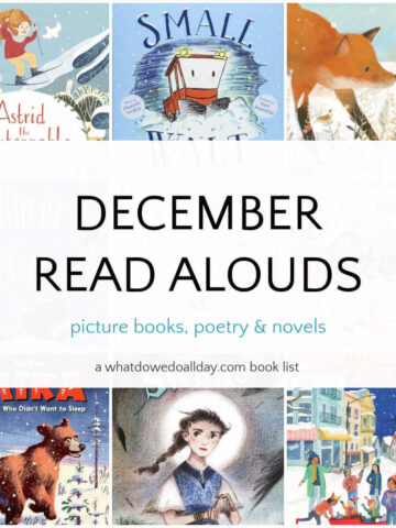 Collage of picture books with text overlay, December Read Alouds.